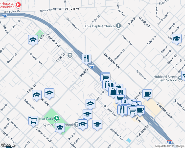 map of restaurants, bars, coffee shops, grocery stores, and more near 14089 Foothill Boulevard in Los Angeles