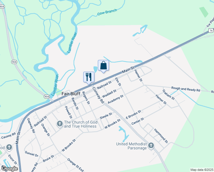 map of restaurants, bars, coffee shops, grocery stores, and more near 279 Railroad Street in Fair Bluff