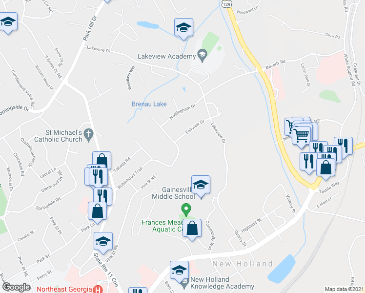 map of restaurants, bars, coffee shops, grocery stores, and more near 596 Robinhood Trail in Gainesville