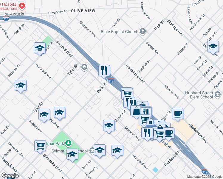 map of restaurants, bars, coffee shops, grocery stores, and more near 14089 Foothill Boulevard in Los Angeles