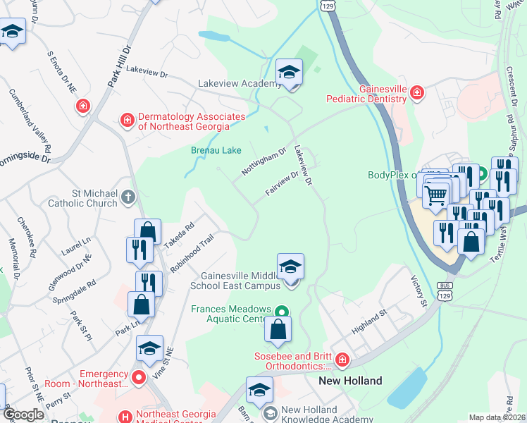 map of restaurants, bars, coffee shops, grocery stores, and more near 596 Robinhood Trail in Gainesville