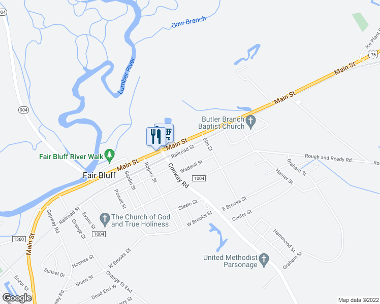 map of restaurants, bars, coffee shops, grocery stores, and more near 279 Railroad Street in Fair Bluff