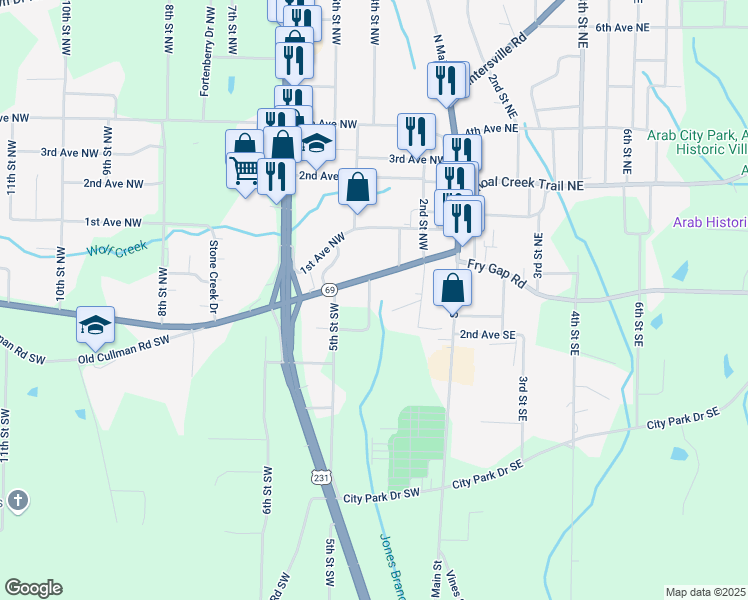 map of restaurants, bars, coffee shops, grocery stores, and more near 113 4th Street Northwest in Arab