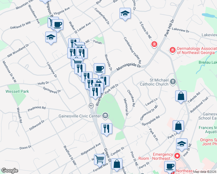 map of restaurants, bars, coffee shops, grocery stores, and more near 1001 Park Hill Drive in Gainesville