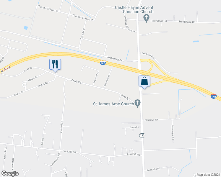 map of restaurants, bars, coffee shops, grocery stores, and more near 2505 Chair Road in Castle Hayne