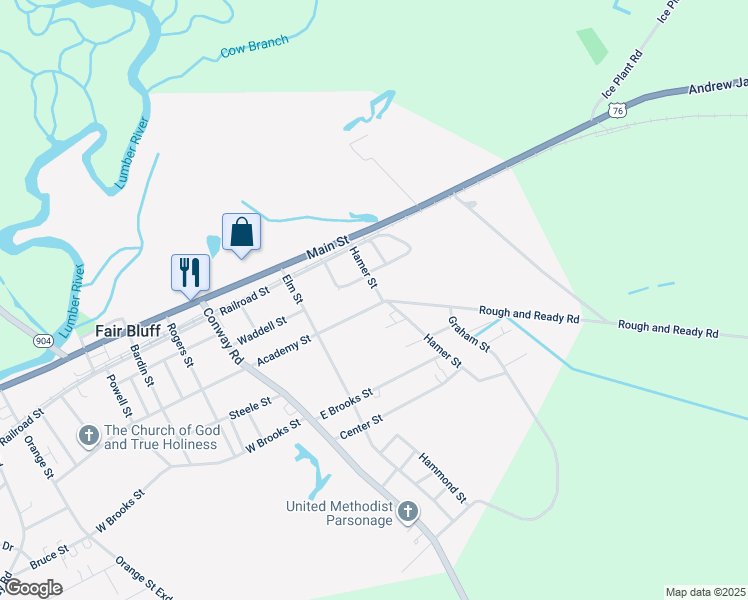 map of restaurants, bars, coffee shops, grocery stores, and more near 588 Academy Street in Fair Bluff