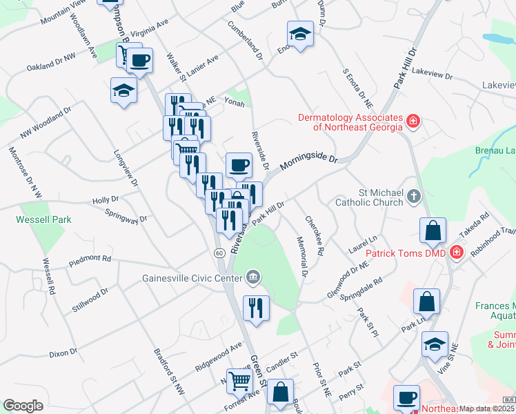 map of restaurants, bars, coffee shops, grocery stores, and more near 1001 Park Hill Drive in Gainesville