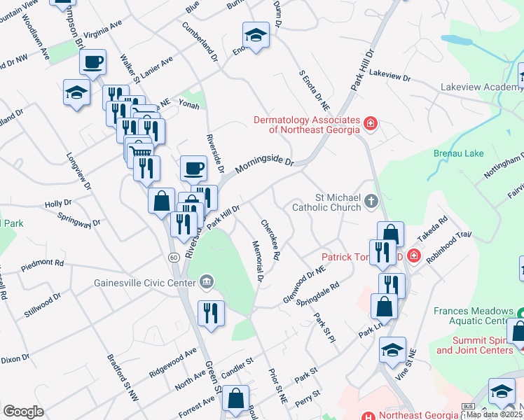 map of restaurants, bars, coffee shops, grocery stores, and more near 954 Cherokee Road in Gainesville