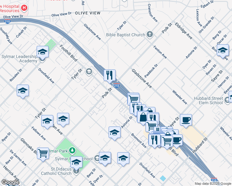 map of restaurants, bars, coffee shops, grocery stores, and more near 14089 Foothill Boulevard in Los Angeles