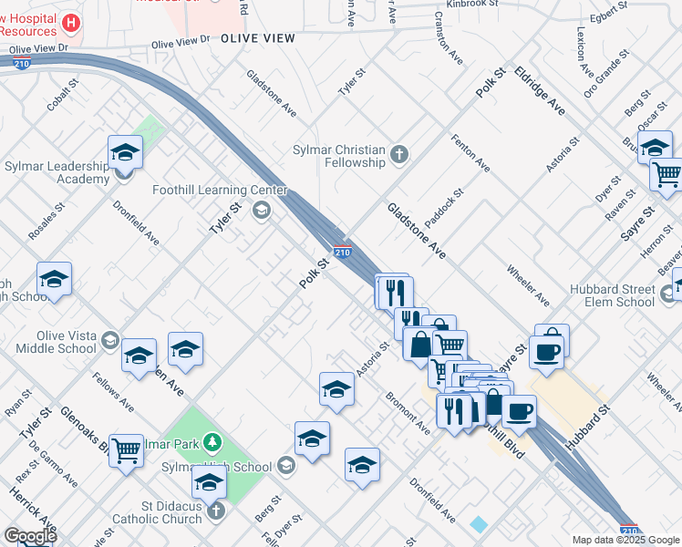 map of restaurants, bars, coffee shops, grocery stores, and more near 14089 Foothill Boulevard in Los Angeles