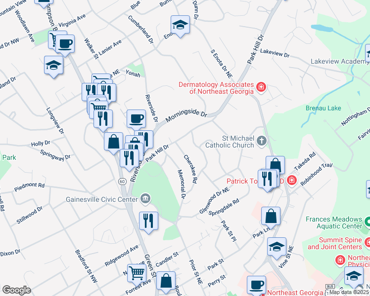 map of restaurants, bars, coffee shops, grocery stores, and more near 954 Cherokee Road in Gainesville