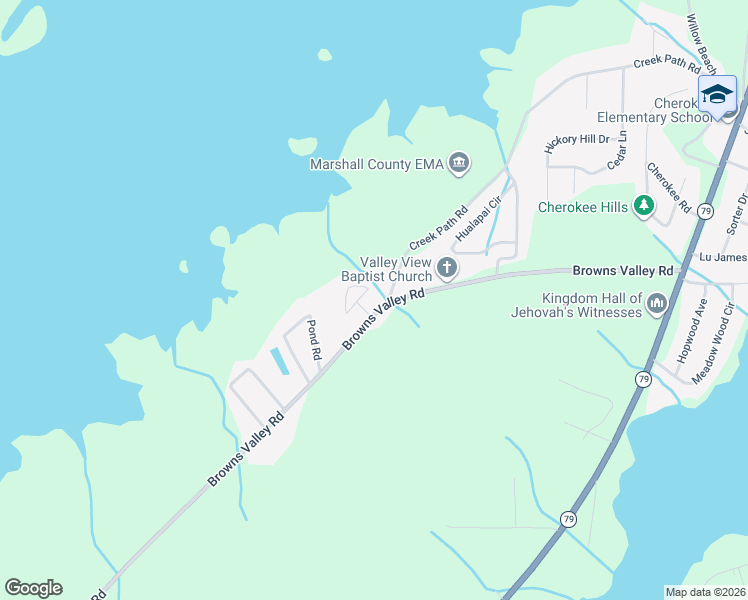 map of restaurants, bars, coffee shops, grocery stores, and more near 3700 Browns Valley Road in Guntersville