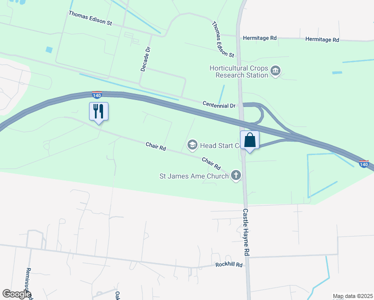 map of restaurants, bars, coffee shops, grocery stores, and more near 2505 Chair Road in Castle Hayne