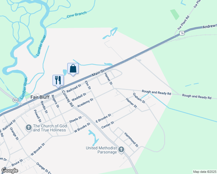 map of restaurants, bars, coffee shops, grocery stores, and more near 140 Hamer Street in Fair Bluff