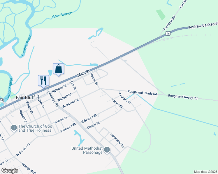 map of restaurants, bars, coffee shops, grocery stores, and more near 480 Academy Street in Fair Bluff