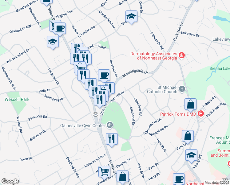 map of restaurants, bars, coffee shops, grocery stores, and more near 1015 Park Hill Drive in Gainesville