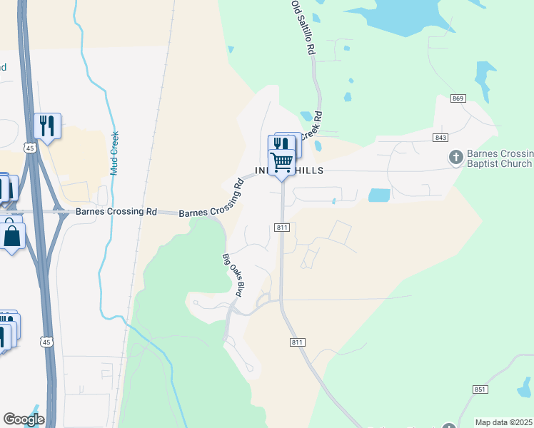 map of restaurants, bars, coffee shops, grocery stores, and more near 3930 Water Oak Court in Saltillo