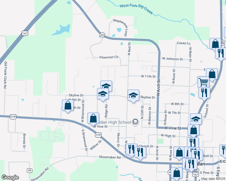 map of restaurants, bars, coffee shops, grocery stores, and more near 7 Smokey Ridge Court in Sheridan