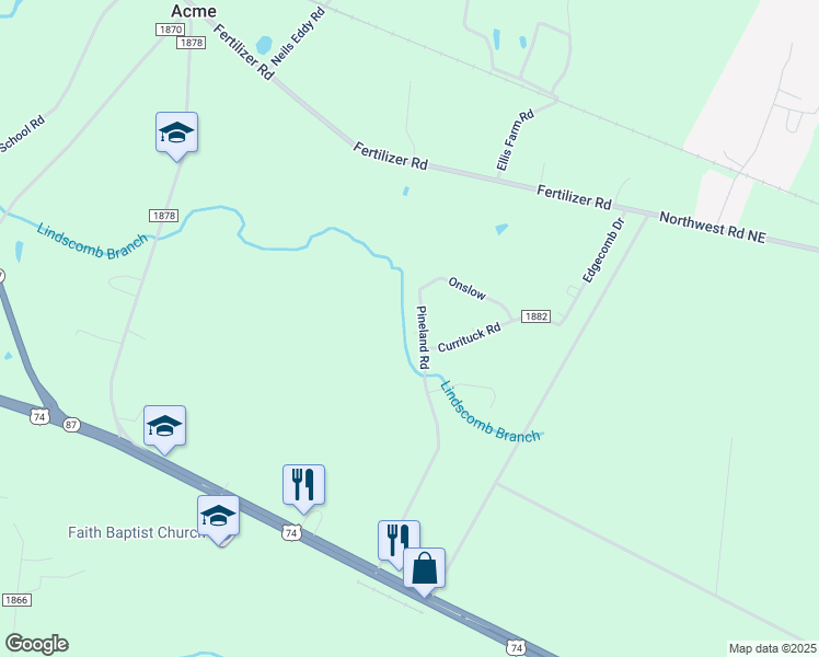 map of restaurants, bars, coffee shops, grocery stores, and more near 947 Pineland Road in Riegelwood