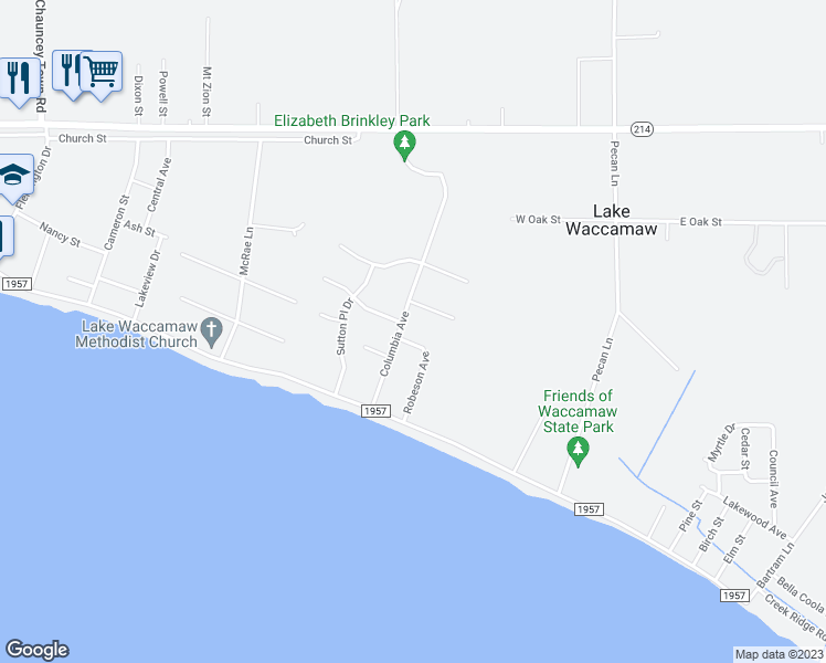 map of restaurants, bars, coffee shops, grocery stores, and more near 603 Robeson Avenue in Lake Waccamaw