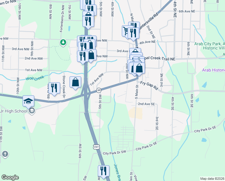 map of restaurants, bars, coffee shops, grocery stores, and more near 15 4th Street Northwest in Arab
