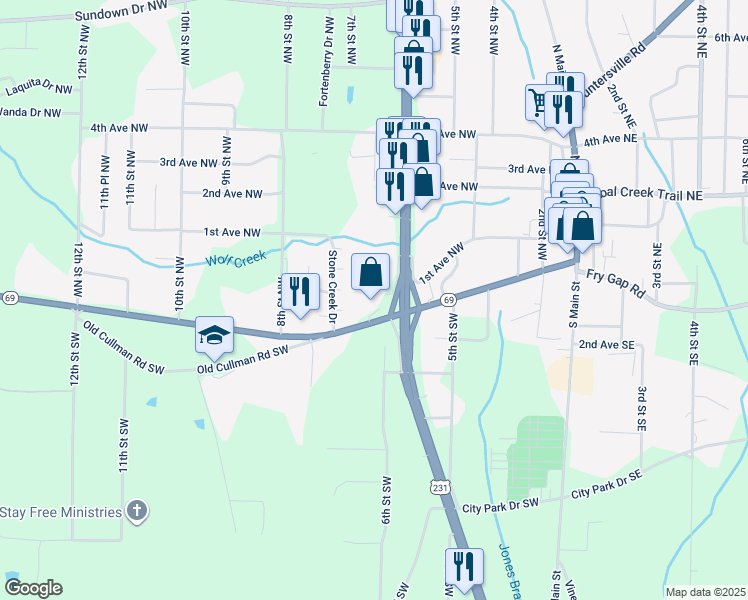 map of restaurants, bars, coffee shops, grocery stores, and more near 25 North Brindlee Mountain Parkway in Arab