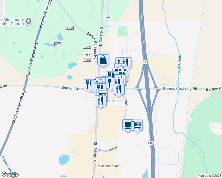 map of restaurants, bars, coffee shops, grocery stores, and more near 1001 Barnes Crossing Road in Tupelo