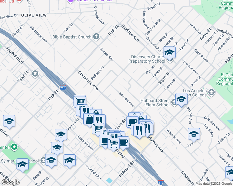map of restaurants, bars, coffee shops, grocery stores, and more near 13437 Wheeler Avenue in Los Angeles