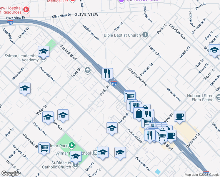 map of restaurants, bars, coffee shops, grocery stores, and more near 14089 Foothill Boulevard in Los Angeles