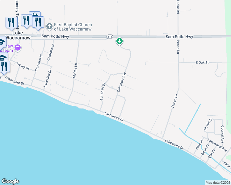 map of restaurants, bars, coffee shops, grocery stores, and more near 506 Columbia Avenue in Lake Waccamaw