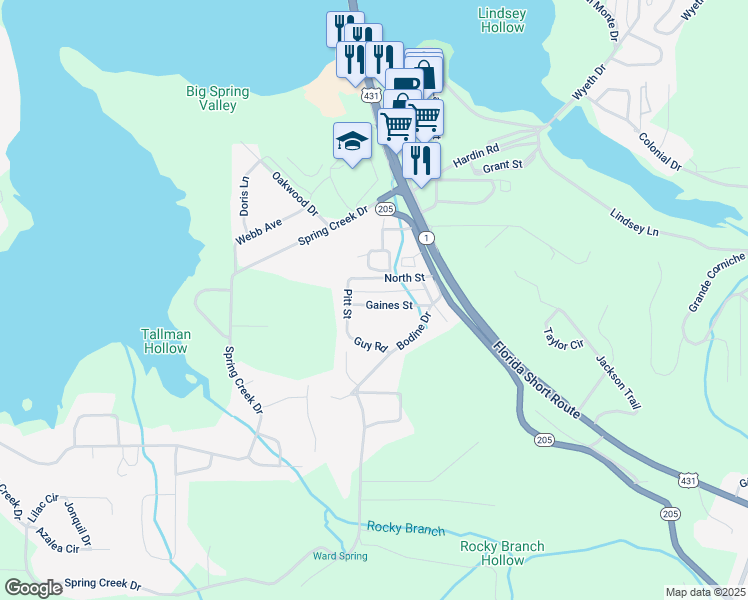 map of restaurants, bars, coffee shops, grocery stores, and more near 3112 Gaines Street in Guntersville