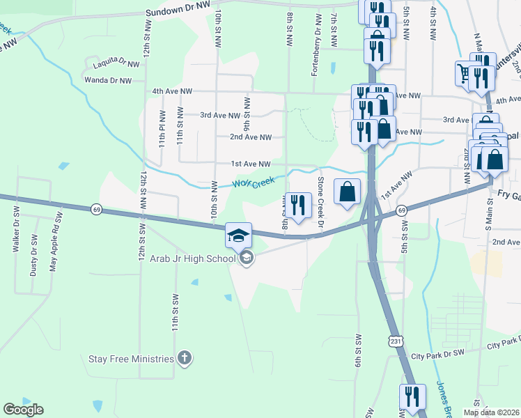 map of restaurants, bars, coffee shops, grocery stores, and more near 830 Cullman Road in Arab