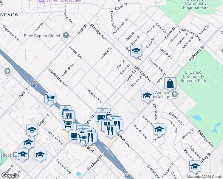 map of restaurants, bars, coffee shops, grocery stores, and more near 13553 Sayre Street in Los Angeles