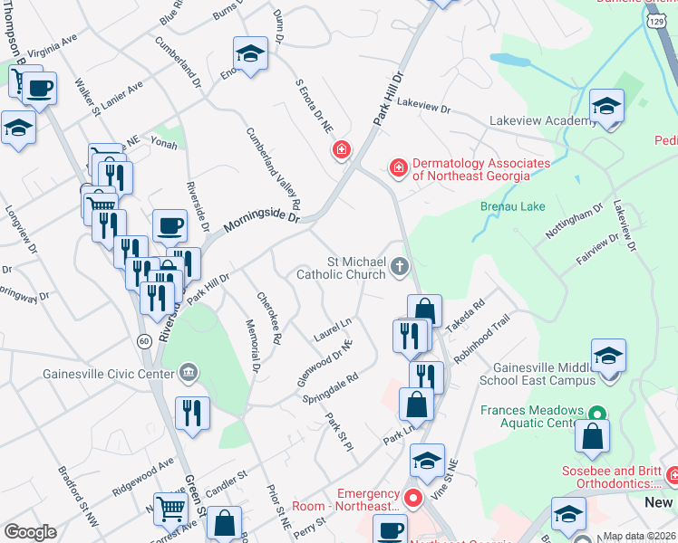 map of restaurants, bars, coffee shops, grocery stores, and more near 887 Park Hill Place in Gainesville