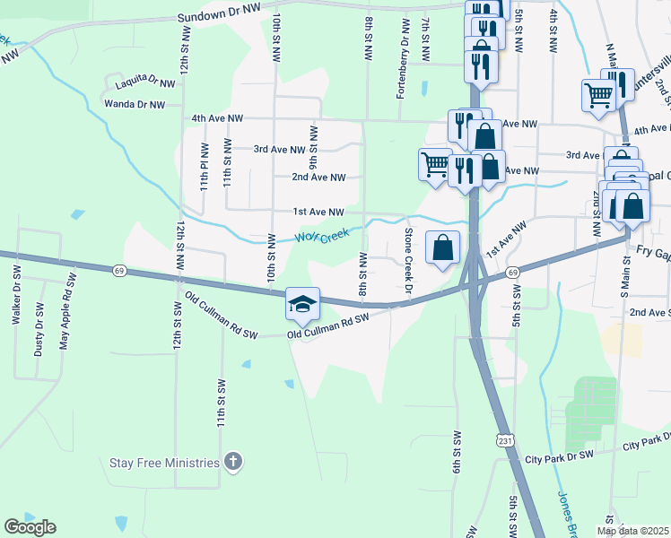 map of restaurants, bars, coffee shops, grocery stores, and more near 830 Cullman Road in Arab