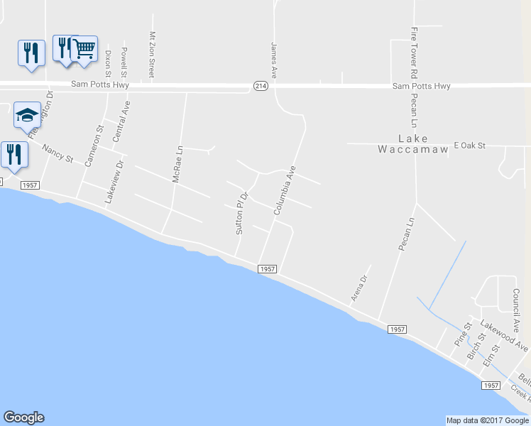 map of restaurants, bars, coffee shops, grocery stores, and more near 105 Stuart Avenue in Lake Waccamaw
