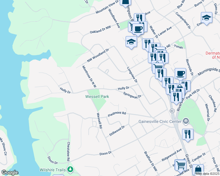 map of restaurants, bars, coffee shops, grocery stores, and more near 440 Holly Drive in Gainesville