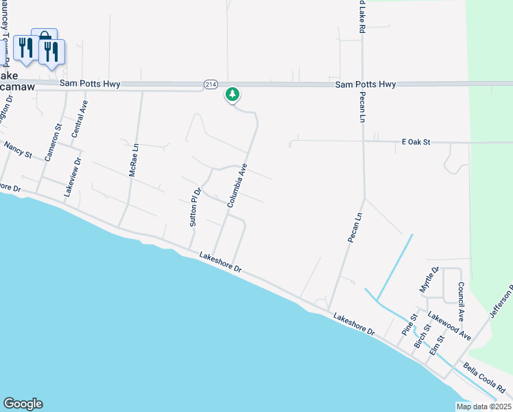 map of restaurants, bars, coffee shops, grocery stores, and more near 109 Pecan Avenue in Lake Waccamaw