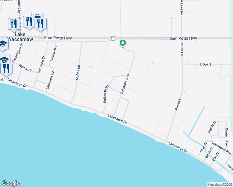 map of restaurants, bars, coffee shops, grocery stores, and more near 105 Stuart Avenue in Lake Waccamaw