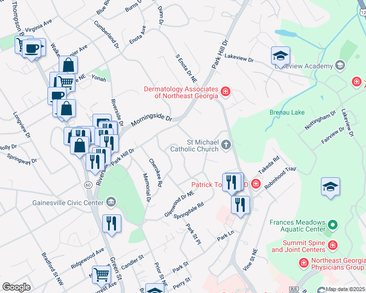 map of restaurants, bars, coffee shops, grocery stores, and more near 910 Glenwood Drive Northeast in Gainesville