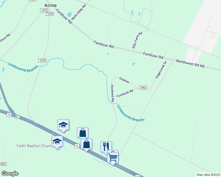 map of restaurants, bars, coffee shops, grocery stores, and more near 947 Pineland Road in Riegelwood