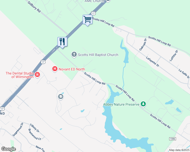 map of restaurants, bars, coffee shops, grocery stores, and more near 465 Scotts Hill Loop Road in Wilmington