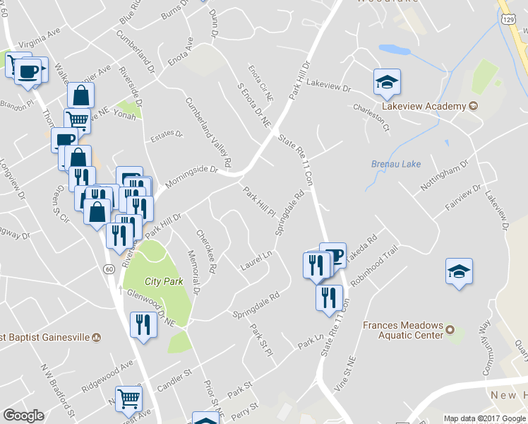 map of restaurants, bars, coffee shops, grocery stores, and more near 887 Park Hill Place in Gainesville