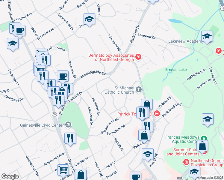 map of restaurants, bars, coffee shops, grocery stores, and more near 910 Glenwood Drive Northeast in Gainesville