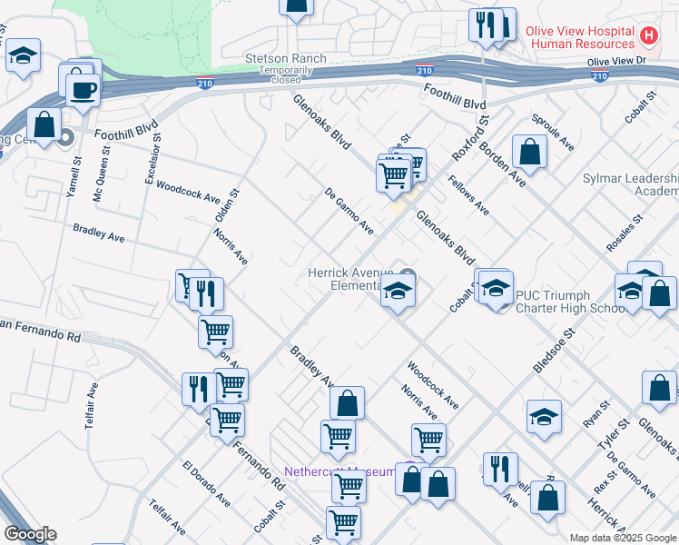 map of restaurants, bars, coffee shops, grocery stores, and more near 15409 Roxford Street in Los Angeles