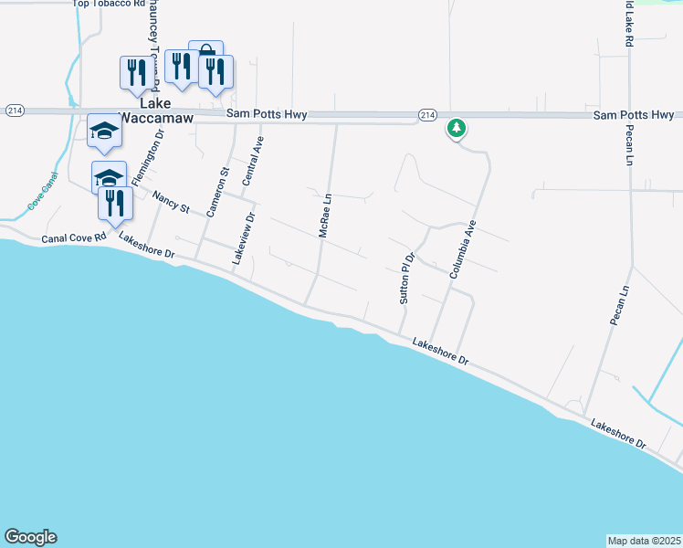 map of restaurants, bars, coffee shops, grocery stores, and more near 104 East Cypress Street in Lake Waccamaw