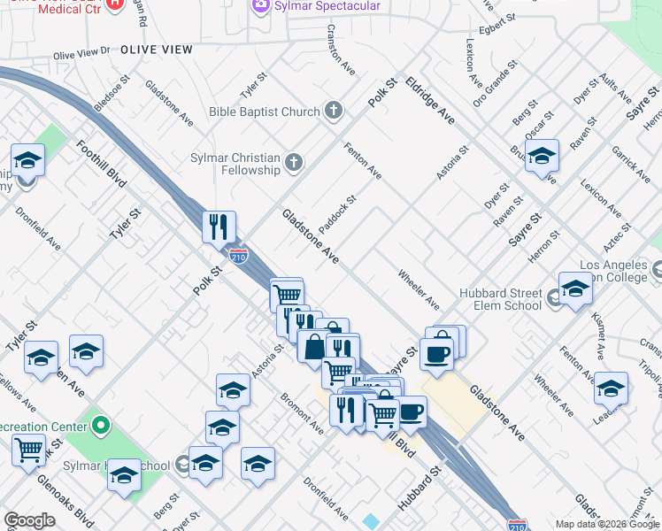 map of restaurants, bars, coffee shops, grocery stores, and more near 13421 Gladstone Avenue in Los Angeles
