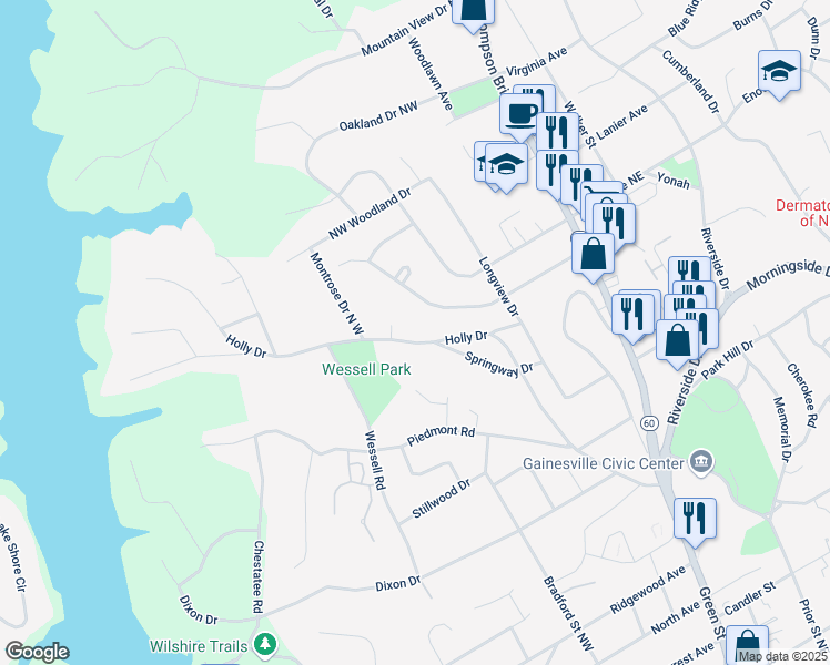 map of restaurants, bars, coffee shops, grocery stores, and more near 440 Holly Drive in Gainesville