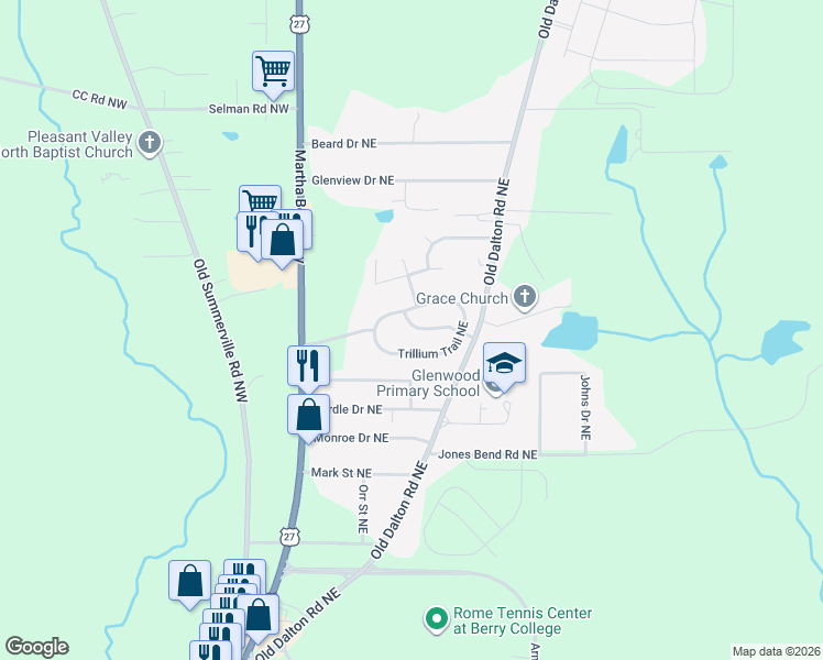 map of restaurants, bars, coffee shops, grocery stores, and more near 41 Trillium Trail Northeast in Rome