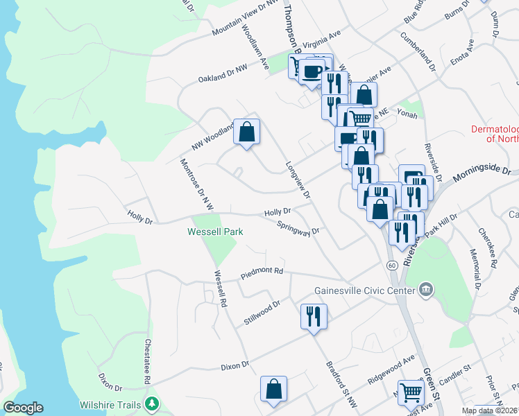 map of restaurants, bars, coffee shops, grocery stores, and more near 406 Holly Dr in Gainesville